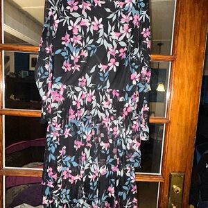 Floral Black Dress with Pink and Green Accents